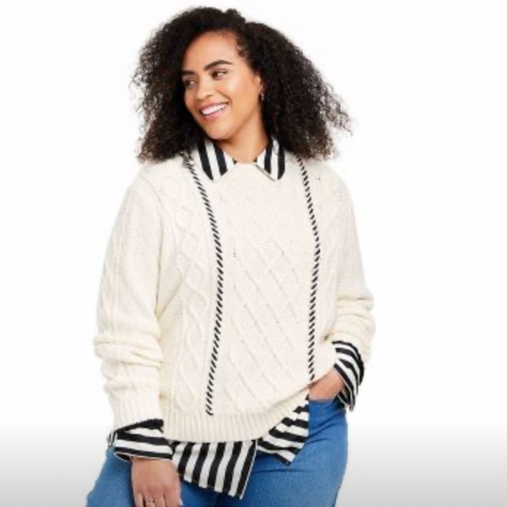 La Ligne Sweater x Target Size 1X Plus Cableknit Stripe Crewneck Cream Black NWT